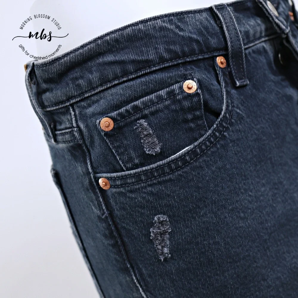 Levi's Premium Wedgie Distressed Button Fly Cropped Raw Hem Jeans Blue Women 28